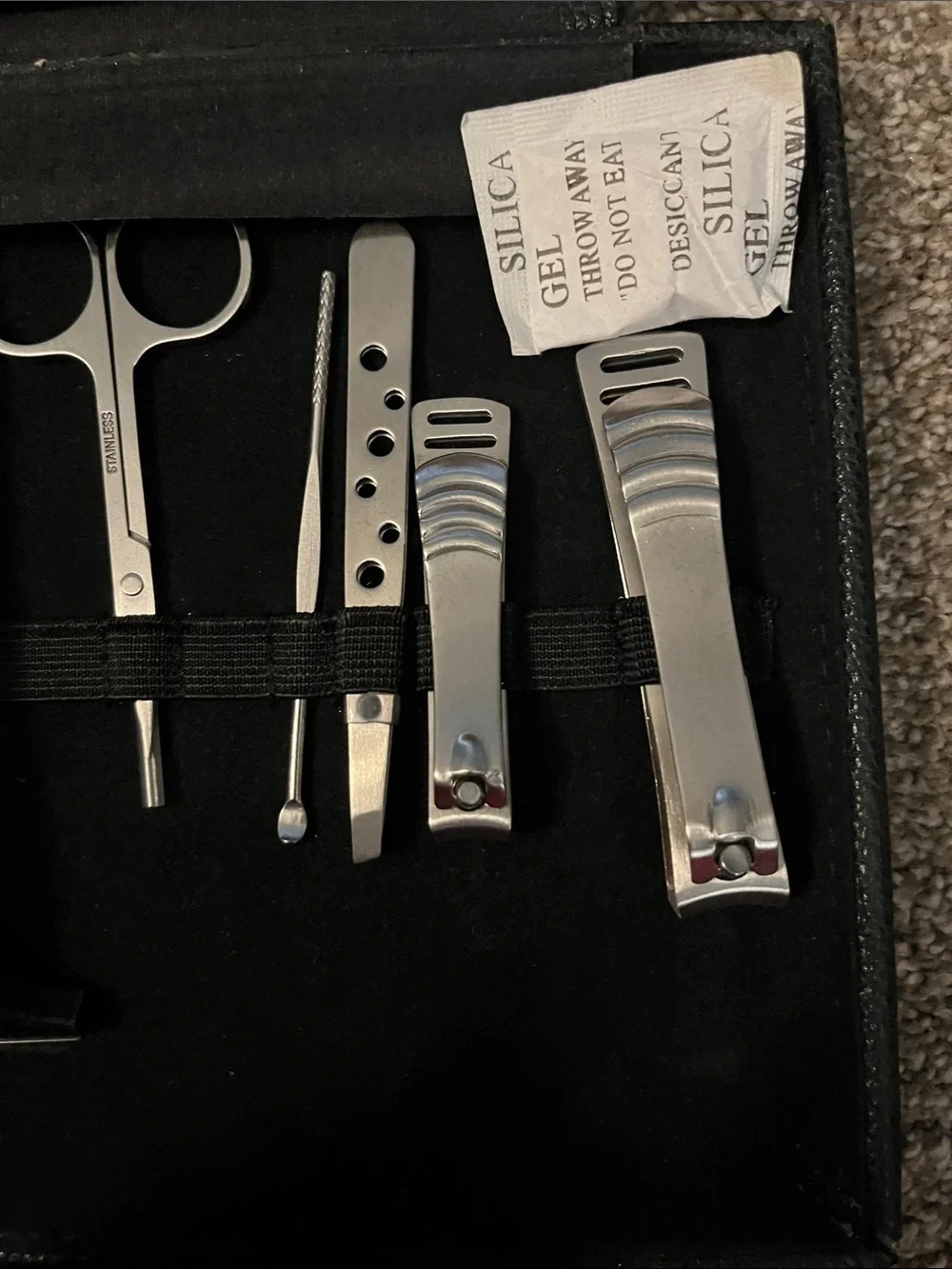 Compact Black Travel Manicure Set with Silver Tools